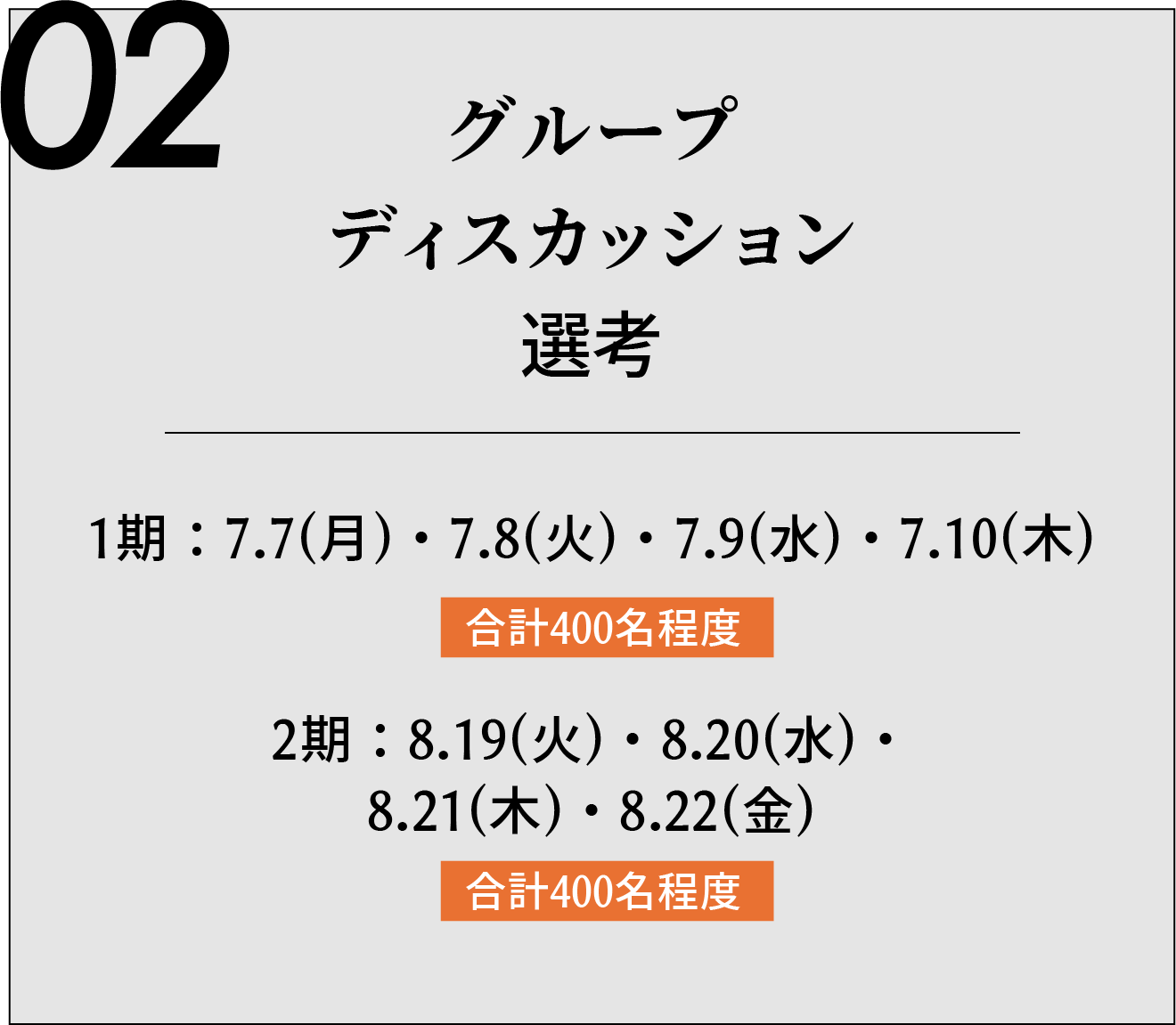 02 グループディスカッション選考 夏期 1期:7.7(月)・7.8(火)・7.9(水)・7.10(木) 合計400名程度 2期:8.19(火)・8.20(水)・8.21(木)・8.22(金) 合計400名程度